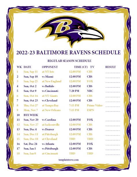 baltimore ravens schedule 2022 season